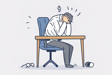 A man is sitting at a desk with his head in his hands