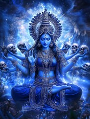 Spiritual depiction of a blue goddess surrounded by skulls in a mystical landscape with glowing elements