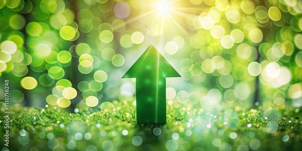 Poster green arrow pointing up with bokeh effect symbolizing growth and progress in business and finance, h