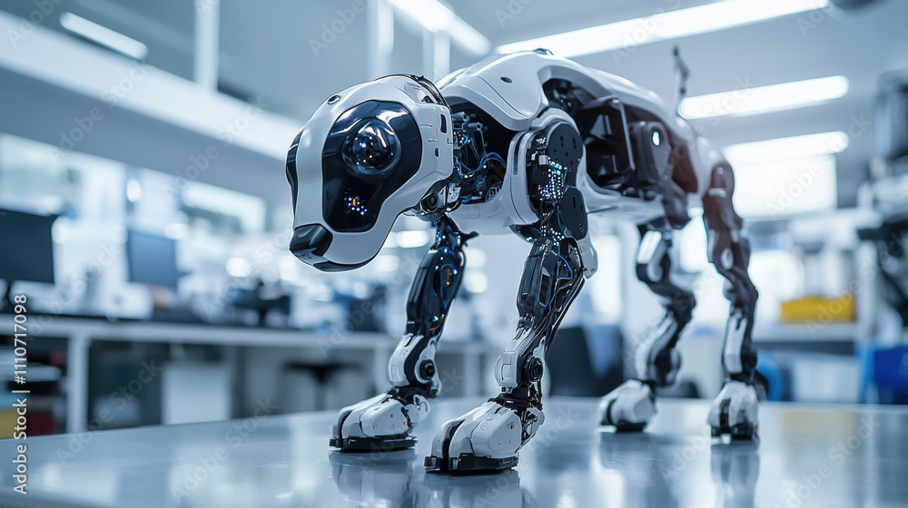 Poster high resolution image of robotic dog showcasing advanced technology and design. this futuristic pet 