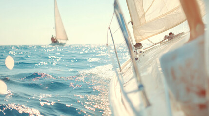 Sailboat gliding through calm blue sea on sunny day with distant horizon, background