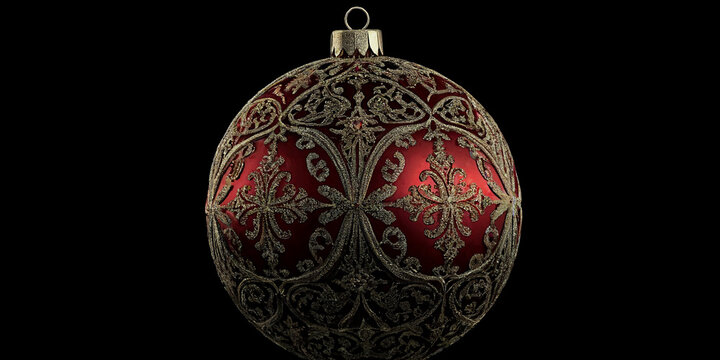 Elegante rote Weihnachtsbaumkugel mit kunstvollen goldenen Ornamenten und glitzernden Akzenten