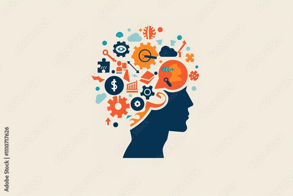 Poster a head with many gears and other objects on it