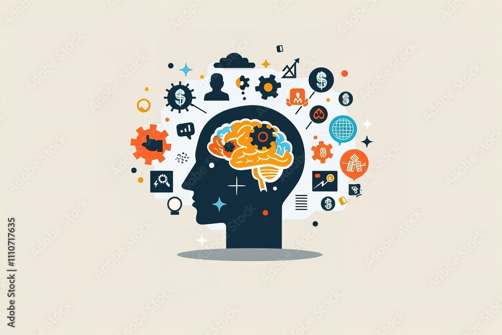 Poster a colorful brain with many gears and symbols surrounding it