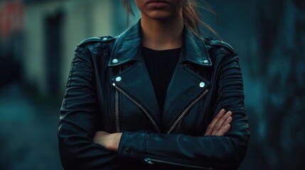 A close-up of a person wearing a black leather jacket, with arms crossed and a serious expression, against a dark urban backdrop.