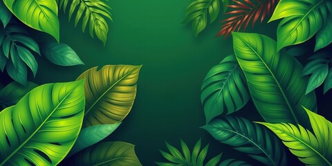 Fototapeta premium colorful illustration of green tropical leaves in a stylized form for use as a poster or print, , green foliage