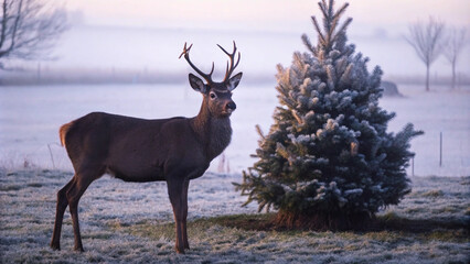 Young red deer buck standing in the frosted grass on an early cold winter morning,