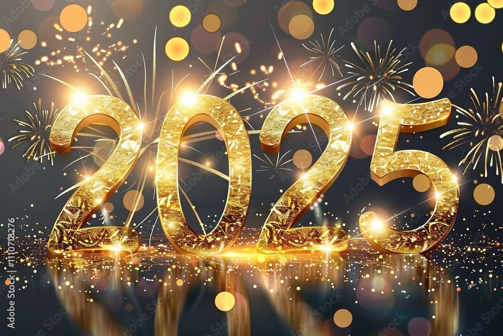 Poster a gold and silver fireworks display with the number twenty-five in the middle