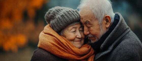 Obraz premium Elderly couple sitting together wrapped in a single cozy scarf sharing a warm and affectionate moment in an autumn outdoor setting surrounded by vibrant foliage