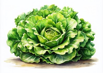 Obraz premium Hand Drawn Watercolor Illustration of Green Lettuce on White Background Celebrating Organic Vegetarian Food in Tilt-Shift Photography Style for Fresh Produce Enthusiasts