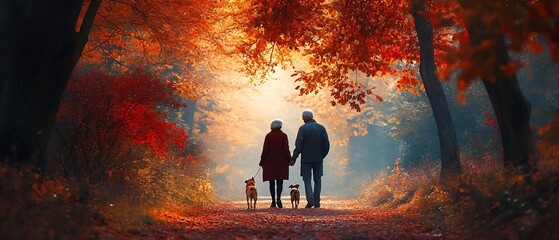 Fototapeta premium Elderly couple enjoying a leisurely stroll with their beloved dog along a picturesque autumn trail surrounded by a vibrant display of colorful foliage in a serene natural setting