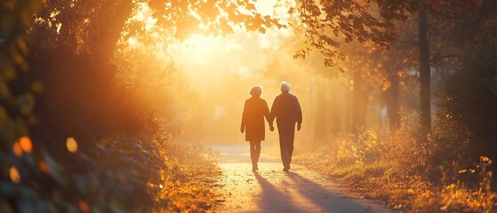 Fototapeta premium Elderly couple taking a peaceful morning walk together through a serene autumn landscape surrounded by trees and bathed in warm sunlight The image conveys a sense of care support