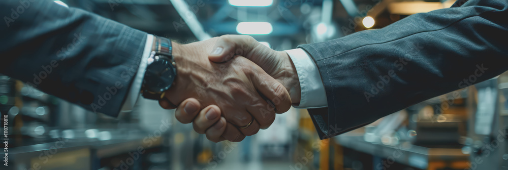 Poster close-up of inspector shaking hands with unrecognizable person in a factory.