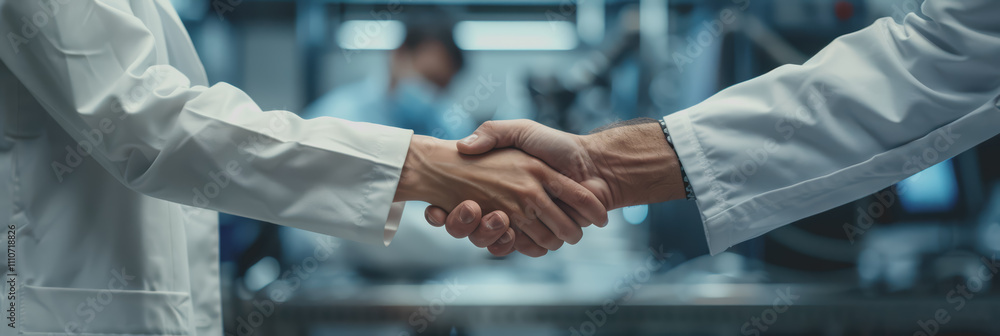 Poster close-up of inspector shaking hands with unrecognizable person in a factory.