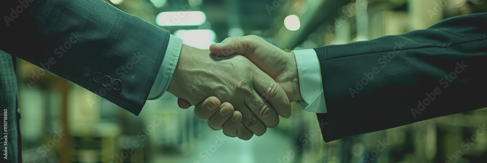 Poster close-up of inspector shaking hands with unrecognizable person in a factory.