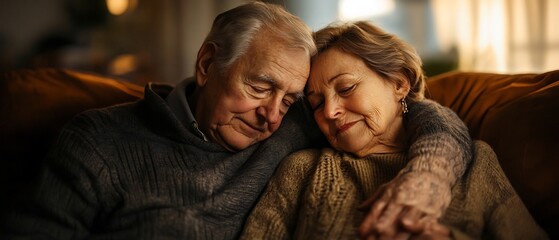 An elderly couple embracing and comforting each other with care and tenderness during a quiet cozy evening in the comfort of their home  The scene radiates a sense of intimacy connection
