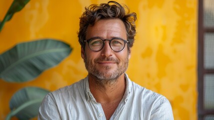 A smiling man with curly hair and glasses stands against a bright yellow wall surrounded by tropical plants in a sunny location