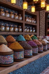 Fototapeta premium A vibrant display of colorful spices and herbs in intricately designed jars, creating an inviting market atmosphere.