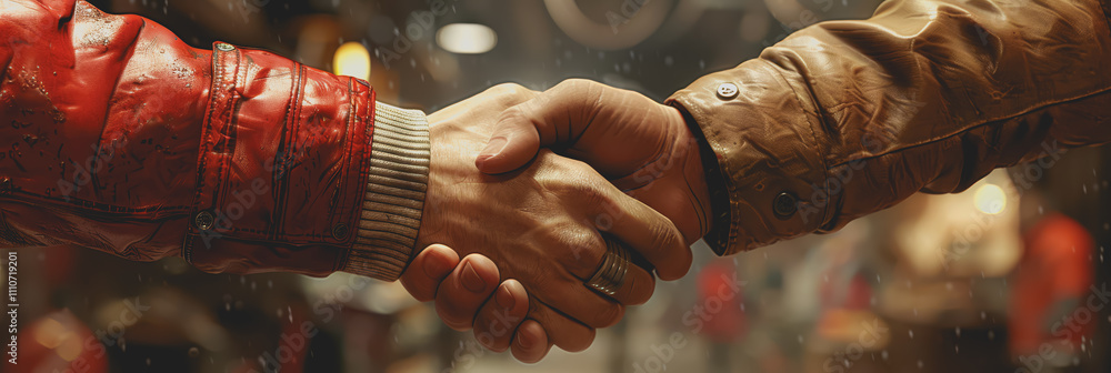 Poster close-up of inspector shaking hands with unrecognizable person in a factory.