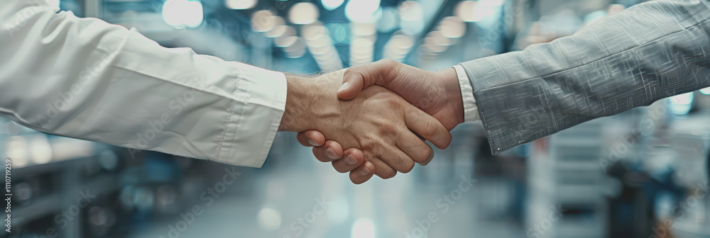 Poster close-up of inspector shaking hands with unrecognizable person in a factory.