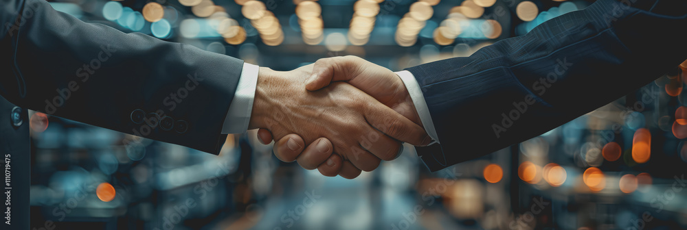 Poster close-up of inspector shaking hands with unrecognizable person in a factory.