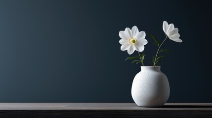 A minimalist still life featuring a white vase with two delicate flowers, set against a dark background on a wooden surface