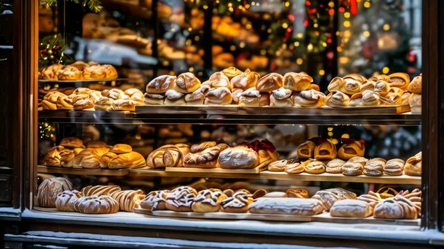 Winter Bakery Showcase: Top 10 Delicious Holiday Breads & Pastries, Festive Treats, Sweet Delights, Cozy Atmosphere, Warm Lights, Golden Hour, Christmas Market, Baked Goods, Holiday Season, 