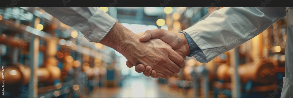 Poster close-up of inspector shaking hands with unrecognizable person in a factory.