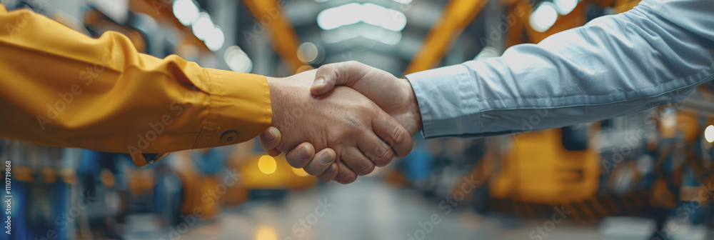 Poster close-up of inspector shaking hands with unrecognizable person in a factory.