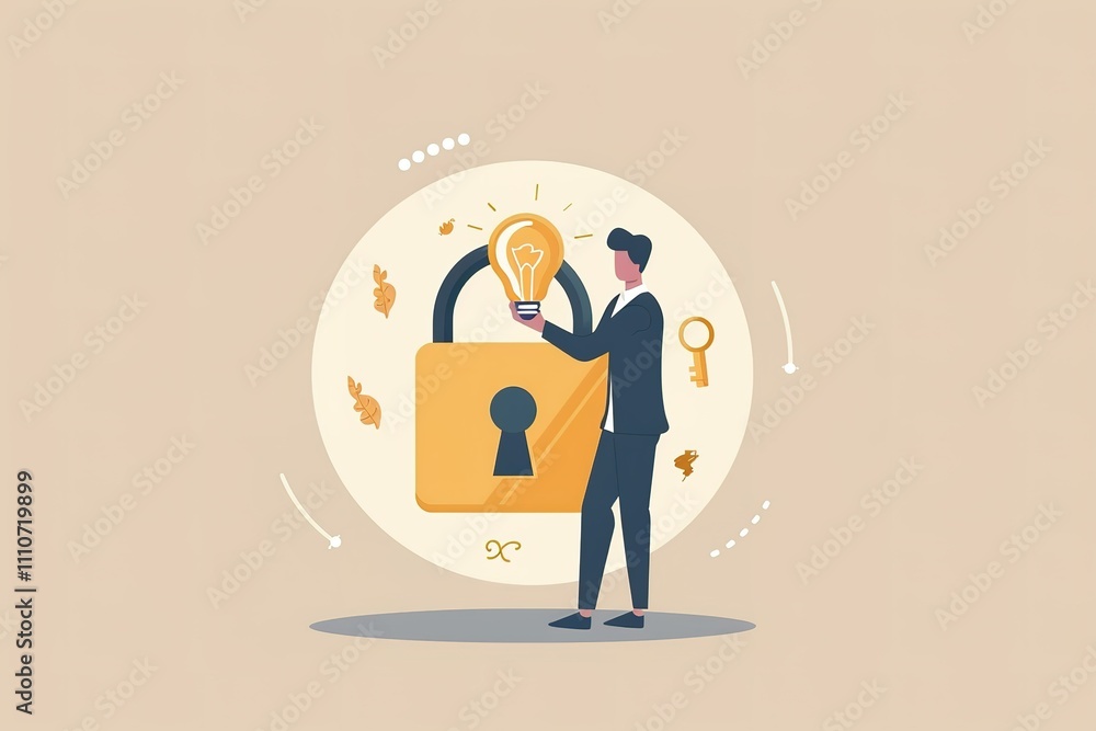 Poster a man is holding a key and standing in front of a lock