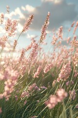Fototapeta premium A serene field of pink flowers swaying gently in the breeze, under a soft blue sky with fluffy clouds.