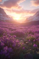 Obraz premium A breathtaking sunset casts a golden glow over a vibrant lavender field, surrounded by majestic mountains.