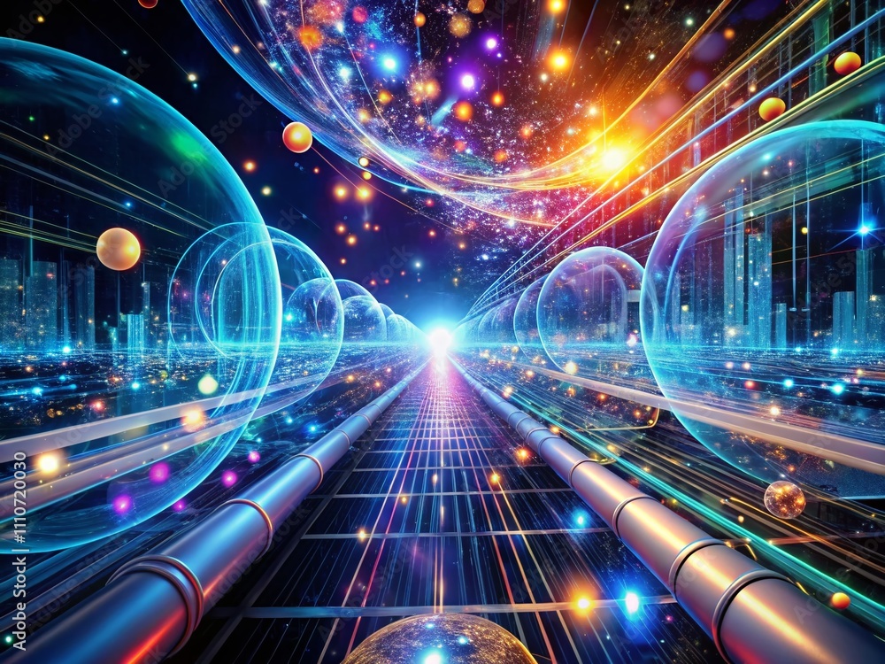 Poster high-definition holographic data stream flowing through translucent tubes in a futuristic network en