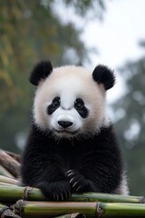 Obraz premium A close-up of a sweet giant panda sitting on bamboo, showcasing its iconic black and white fur against a blurred green background.