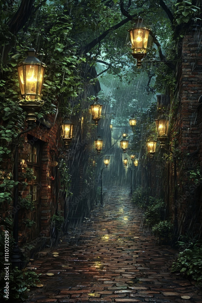 Poster a serene cobblestone alley illuminated by lanterns, surrounded by lush greenery and a gentle rain ad