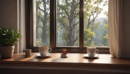 Fototapeta premium Cozy coffee nook with a cup of coffee on the windowsill, coffee, home