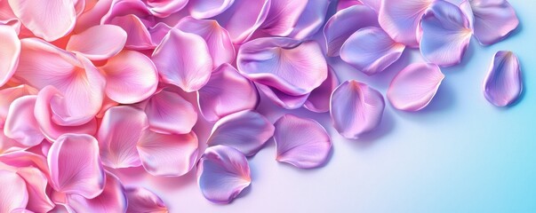 Obraz premium A vibrant arrangement of delicate pink and purple flower petals scattered against a soft blue background