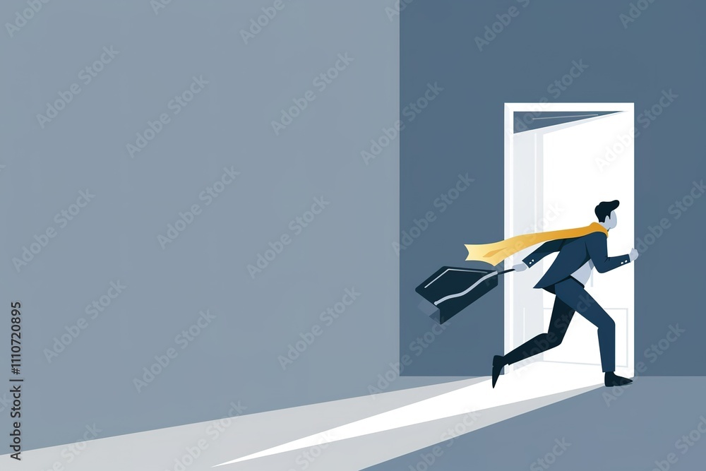 Poster a man is running out of a building with a suitcase and a scarf