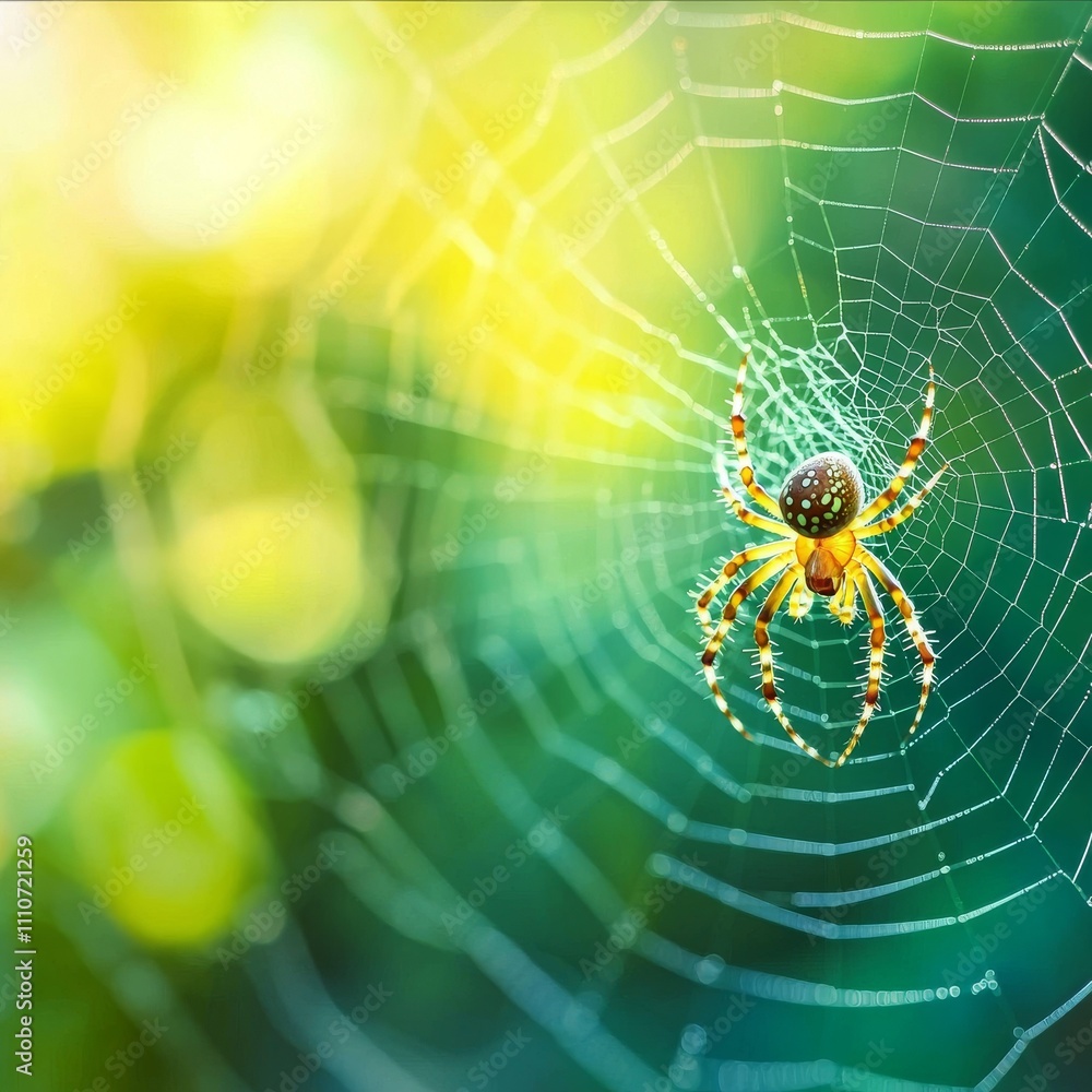Poster a vibrant spider in its intricate web, illuminated by soft sunlight, creating a serene and magical a