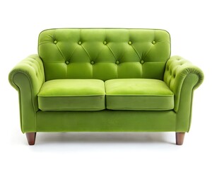 Fototapeta premium A striking bright green loveseat with tufted upholstery enhances a modern living area, inviting comfort and style. Its lively color creates a cheerful atmosphere perfect for relaxation