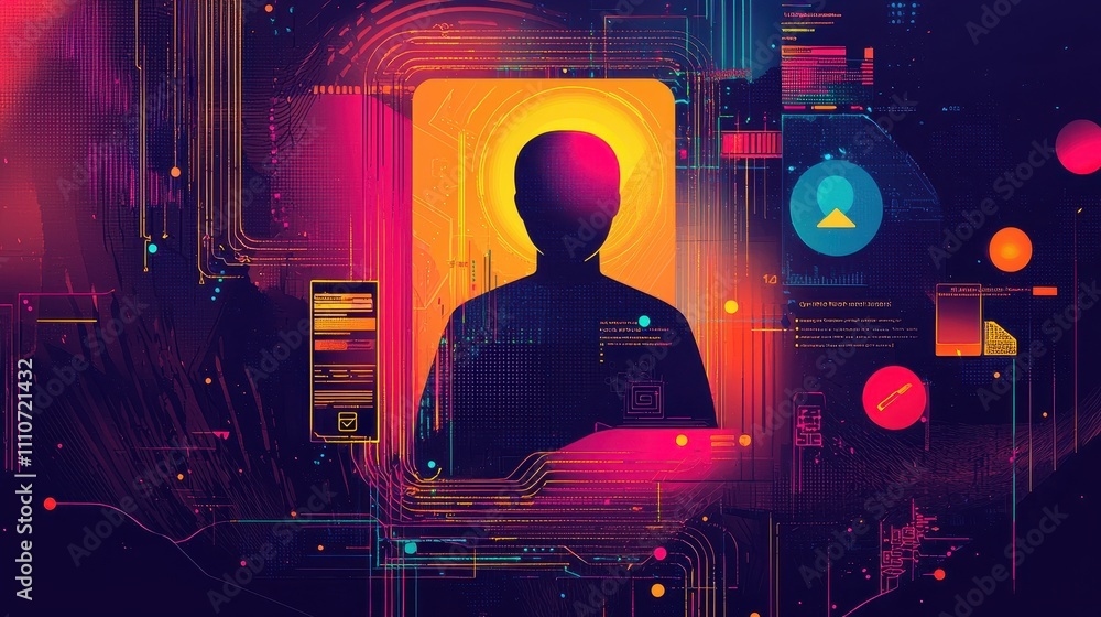 Poster visual representation of identity theft risks in a digital environment with abstract elements