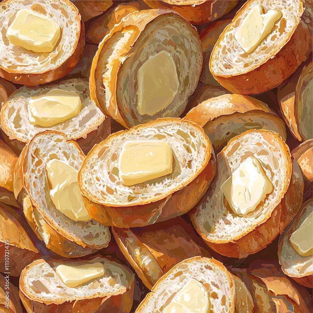 Poster a delectable array of golden brown bread slices topped with creamy butter, creating a warm and invit