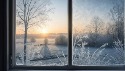Charming sunrise view through a frosted window showcasing a serene winter landscape and soft morning light