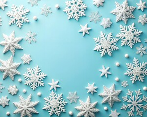 Delicate white snowflakes and decorative stars are scattered across a vibrant blue background, evoking a whimsical winter wonderland perfect for holiday festivities