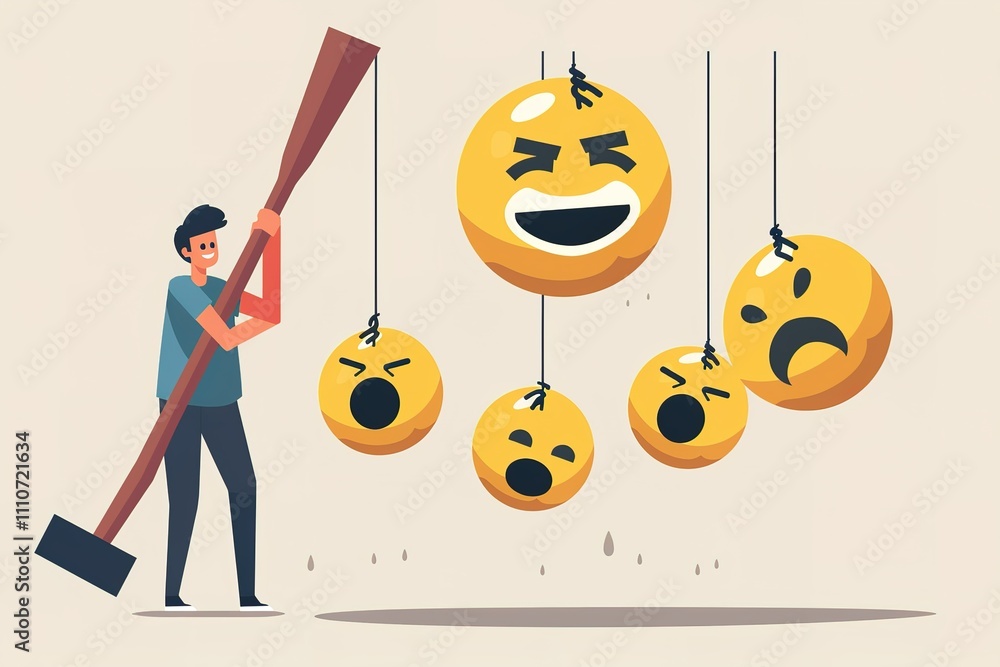 Poster a man is pulling a string with a smiley face hanging from it