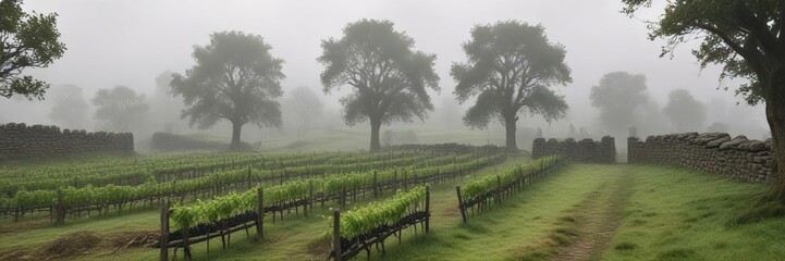 Obraz premium A vineyard covered in fog and moss with old stone walls looming in the background, vines, overgrown, ancient stones