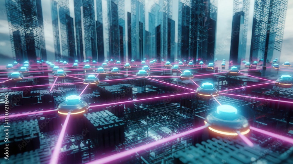 Wall mural high-tech energy grid with glowing nodes connected by neon lines. the grid is set against a futurist