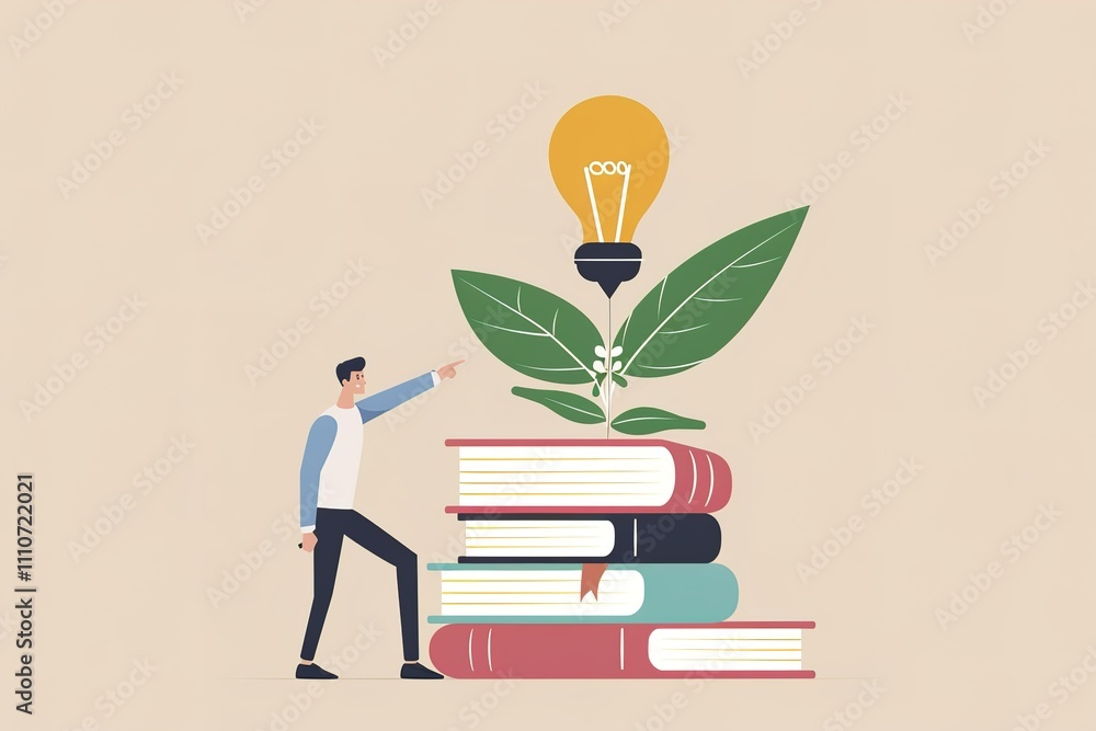 Poster a man pointing at a stack of books with a light bulb on top