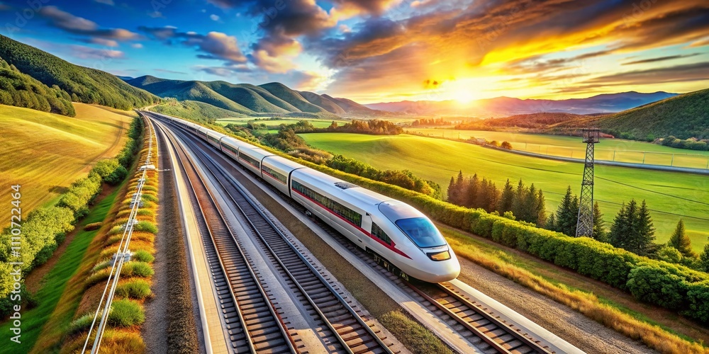 Poster high-speed train in motion on rails: a dynamic isometric view of modern transportation and infrastru