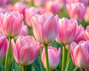 Obraz premium In a vibrant garden filled with blooming pink tulips, delicate petals unfurl under the gentle morning light, celebrating the arrival of spring. The lush greenery enhances the colorful splendor